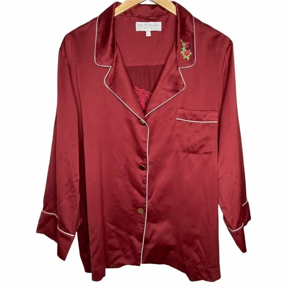 BED TO BRUNCH | Rose Embroidered Button Down Long Sleeve PJ Top